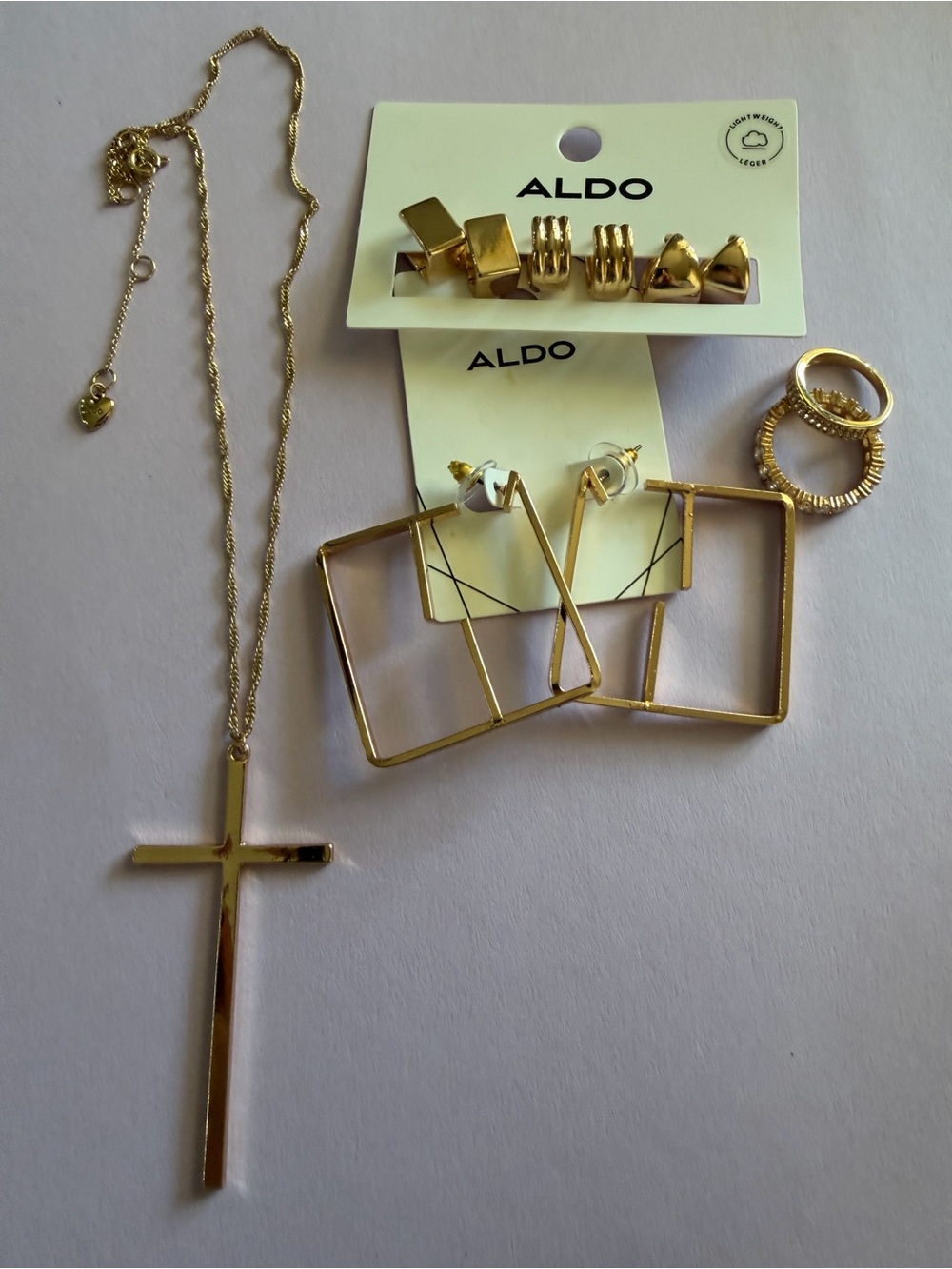 ALDO Gold-Tone 6.4cm Cross/20cm.Necklace with Matching Gold Earrings & Rings Set
